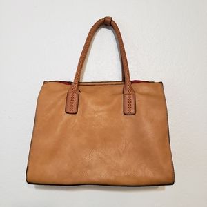 Tan Tote Bag Exterior Faux Leather Red Interior